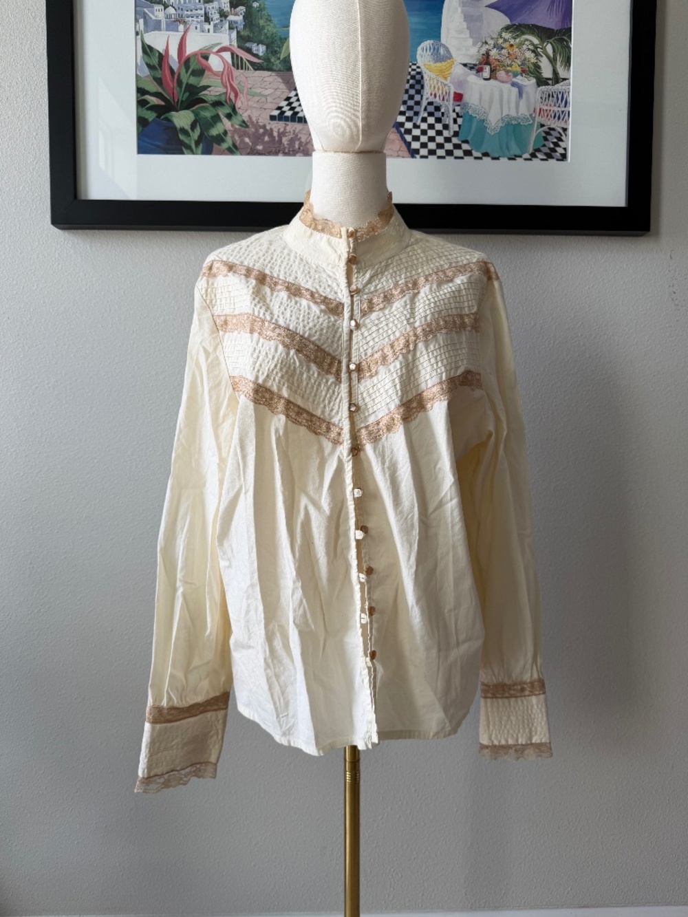 VTG Old Navy Cotton Lace Chevron High Neck Cottagecore Button Up STUNNING XXL